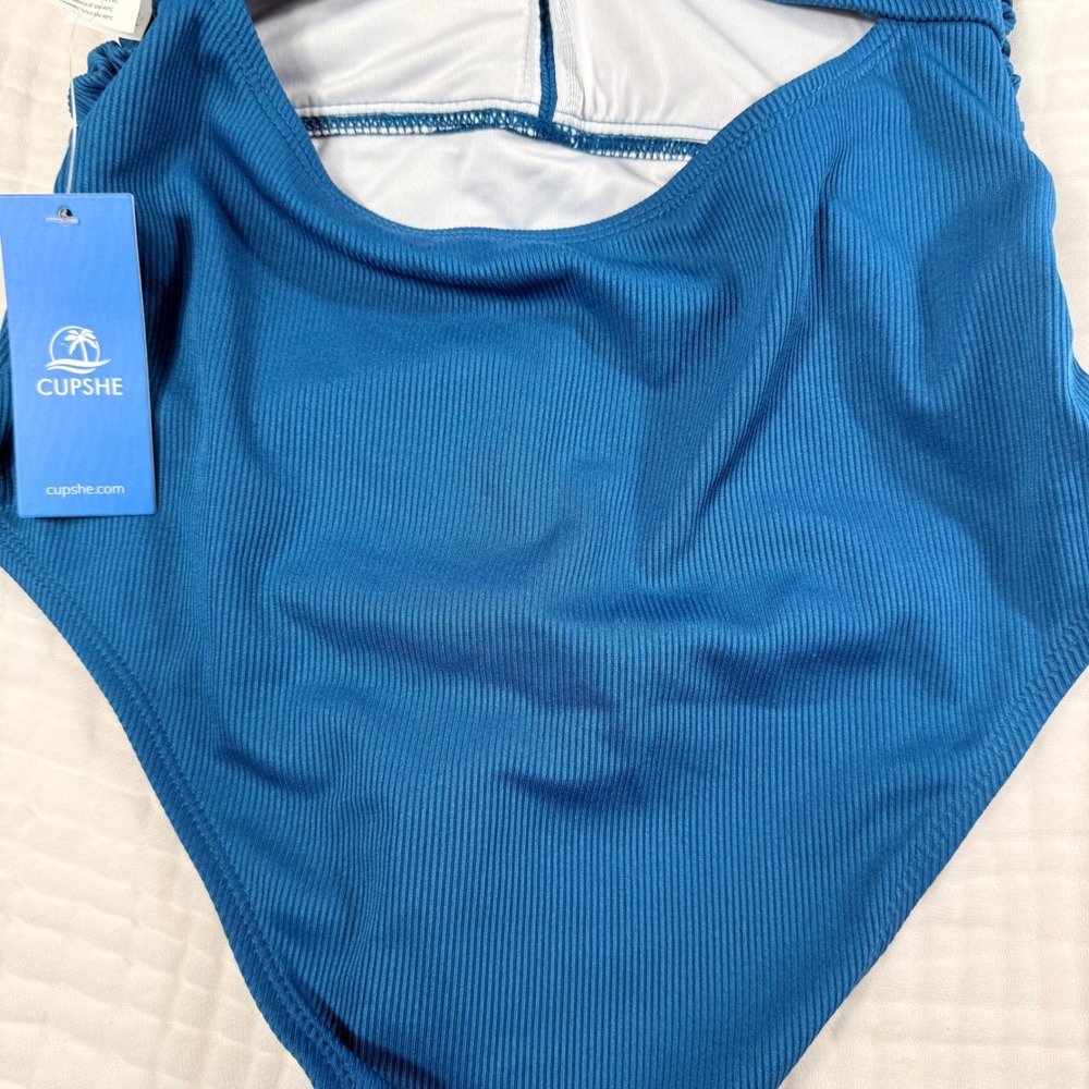 Cupshe One Piece Swimsuit S Teal Blue Ribbed Ruched Starfish Charm Cutout Back - Picture 8 of 15